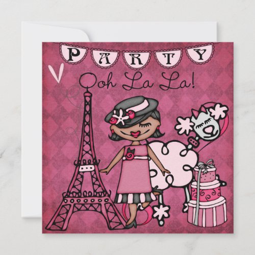 Black Hair Girl Ooh La La Paris Birthday Invite