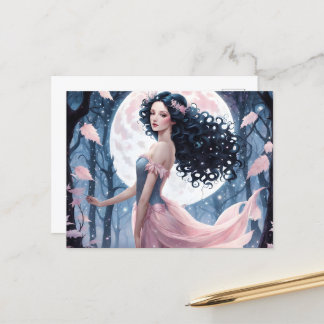 Black Hair Girl & Pink Full Moon Postcard