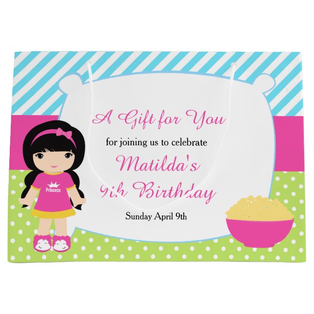 Black Hair Girl Sleepover Slumber Party Birthday Large Gift Bag (Front)