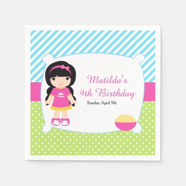 Black Hair Girl Sleepover Slumber Party Napkins (Front)