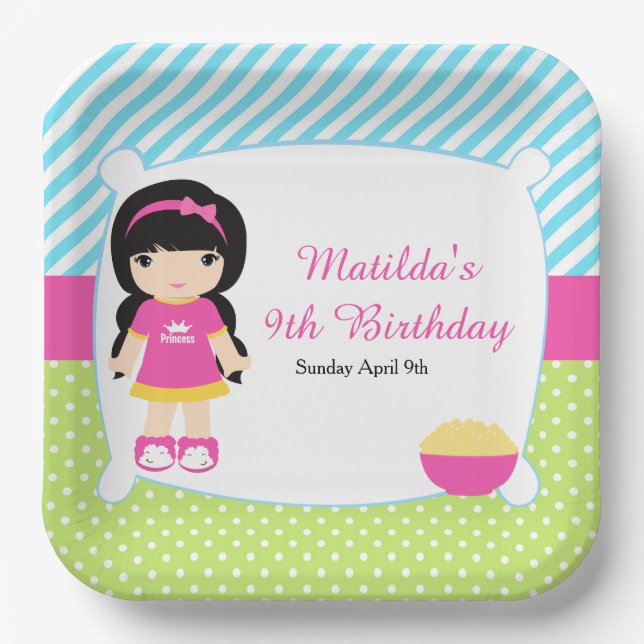 Black Hair Girl Sleepover Slumber Party Paper Plates (Front)