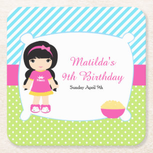 Black Hair Girl Sleepover Slumber Party Square Paper Coaster