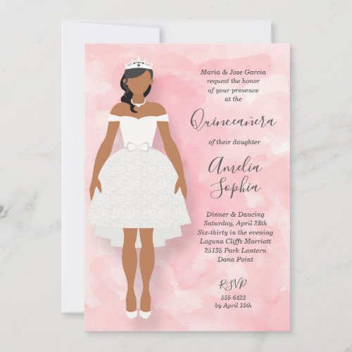 Black Hair Girl White Dress on Pink Quinceanera