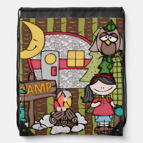 Black Hair Girls Camping Adventure Drawstring Bag