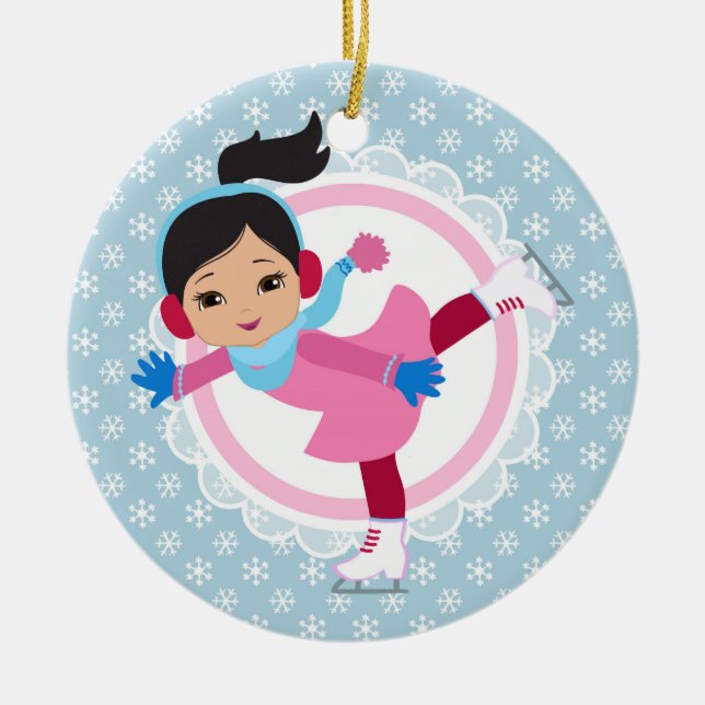 Black Hair Ice Skater - Winter Sports Skating Ceramic Ornament (Front)
