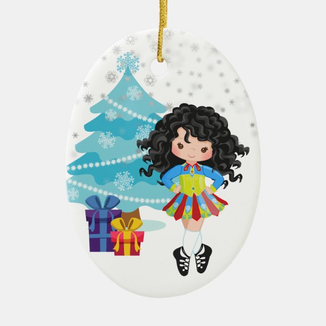 Black Hair Irish Dancer Winter Christmas Ceramic Ornament (Front)