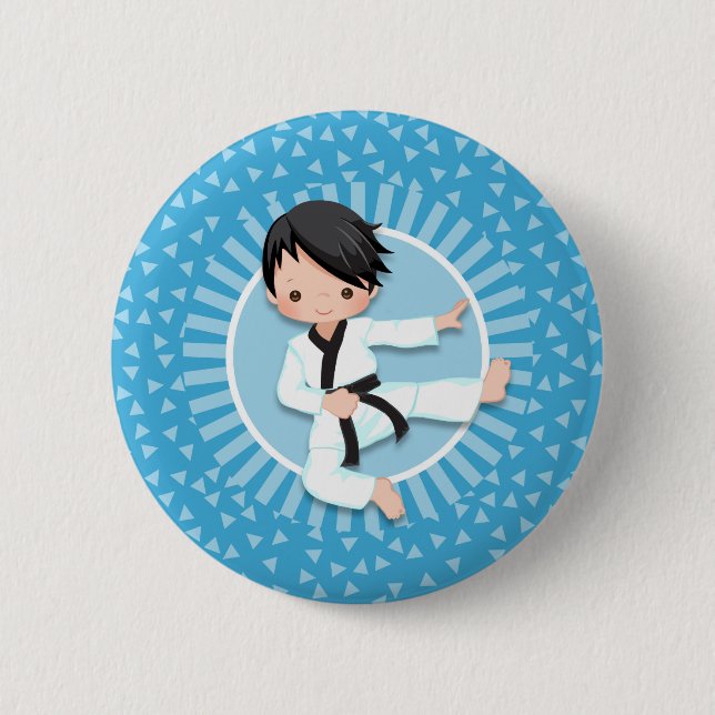 Black Hair Karate Boy Judo Martial Arts Button (Front)