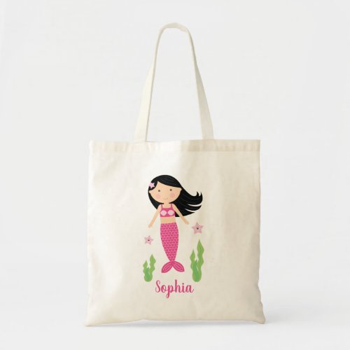 Black Hair Little Mermaid Girl Tote Bag