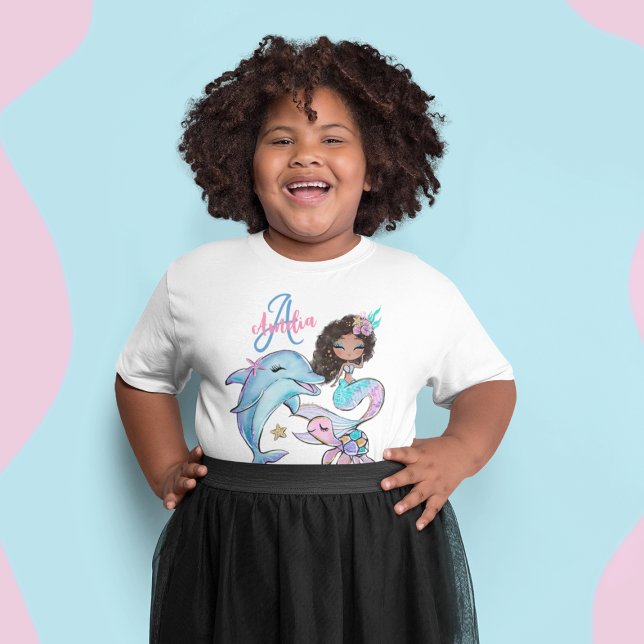 Black Hair Mermaid Custom Kids Name Pink Girl T-Shirt (Black Hair Mermaid Custom Kids Name Pink Girl T-Shirt
)