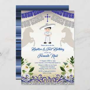 Black Hair Mexican Navy Blue Boy Baptism Birthday Invitation