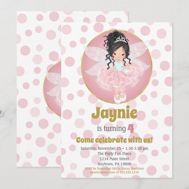 Black Hair Pink Fairy Girls Birthday Invitation (Front/Back)
