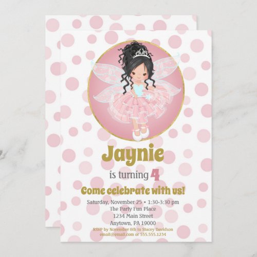 Black Hair Pink Fairy Girls Birthday Invitation