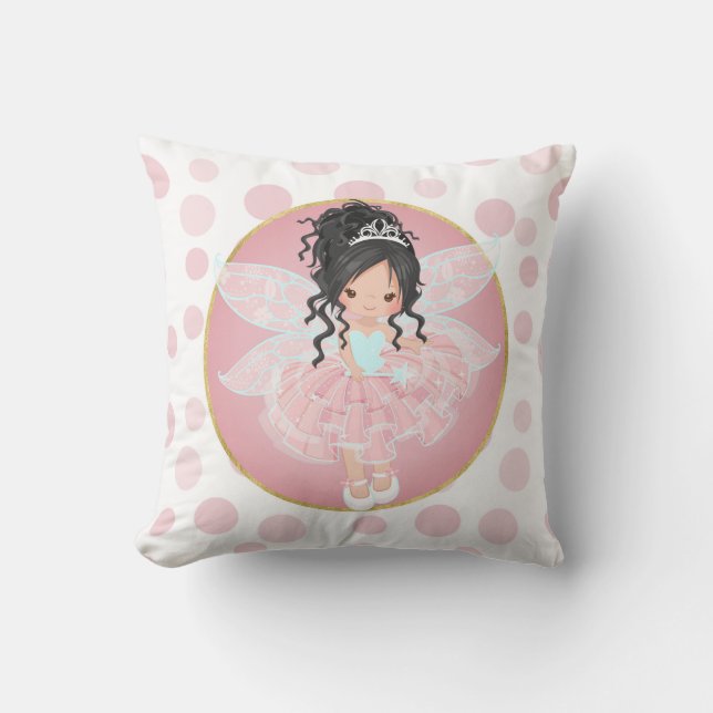 Black Hair Pink Fairy Throw Pillow (Front)
