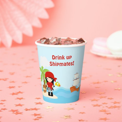 Black Hair Pirate Girl in Red Birthday Party Paper Cups