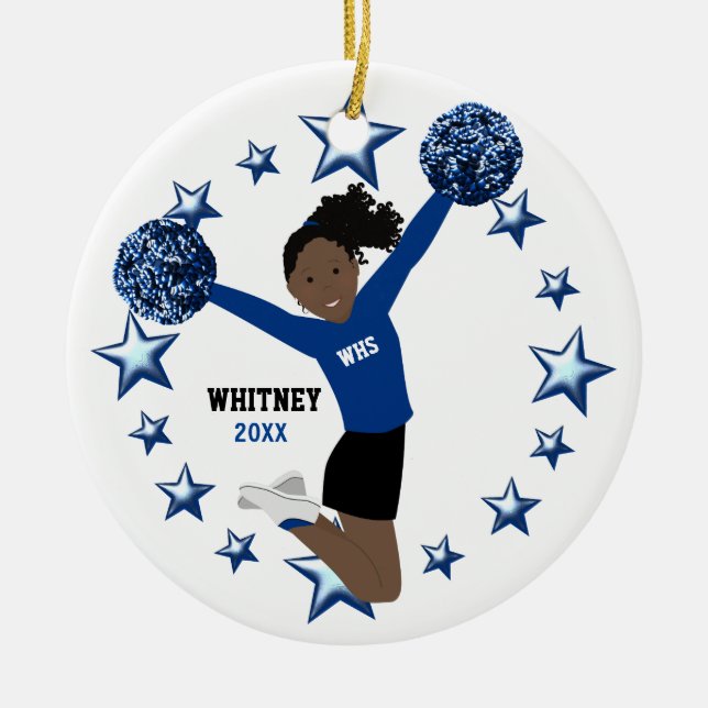 Black Hair Ponytail Pom Poms In Blue & Black Ceramic Ornament (Front)