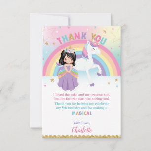 Black Hair Princess and Rainbow Unicorn Birthday Thank You Card