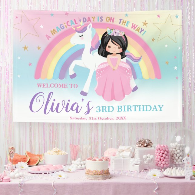 Black Hair Princess Pink Unicorn Birthday Welcome Banner (Party)