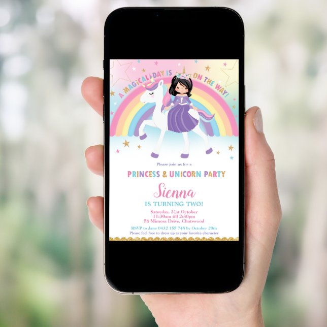 Black Hair Princess Unicorn Rainbow Birthday Party Invitation (Front Digital)
