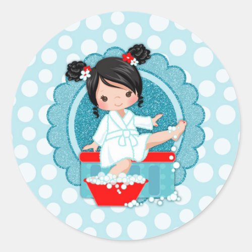 Black Hair Spa Girl Bubbles Turquoise Red White Classic Round Sticker