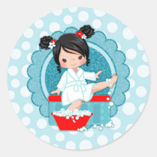 Black Hair Spa Girl Bubbles Turquoise Red White Classic Round Sticker