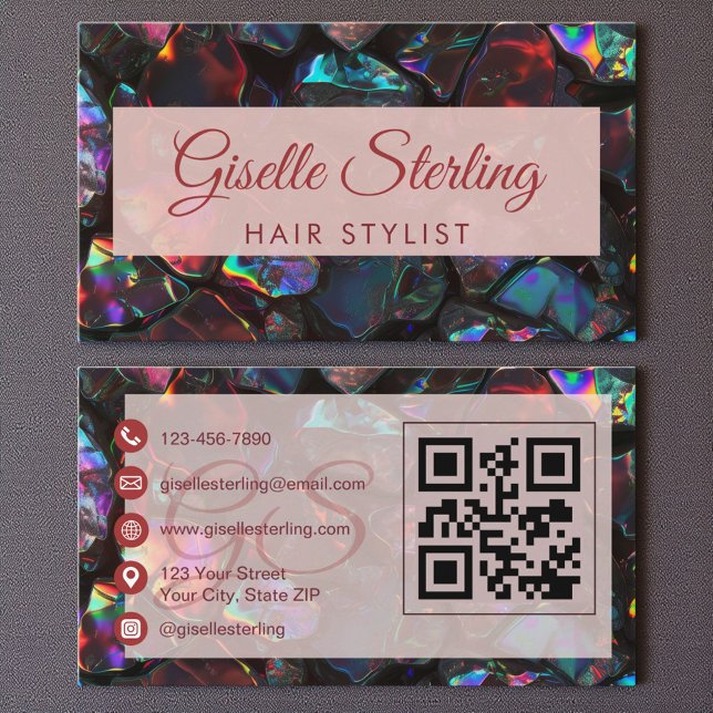  Black Hair Stylist Opal Gemstone QR Code Business Card (Creator Uploaded)