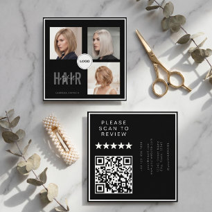 Black Hair Stylist Photo Collage QR Code & Review  Square Business Card