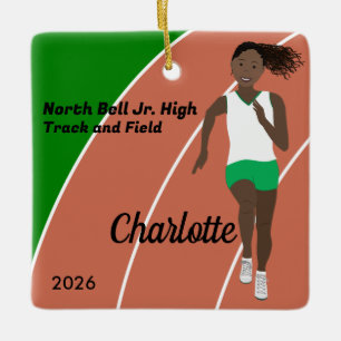 Black Hair Track and Field Girl in Green and White Ceramic Ornament
