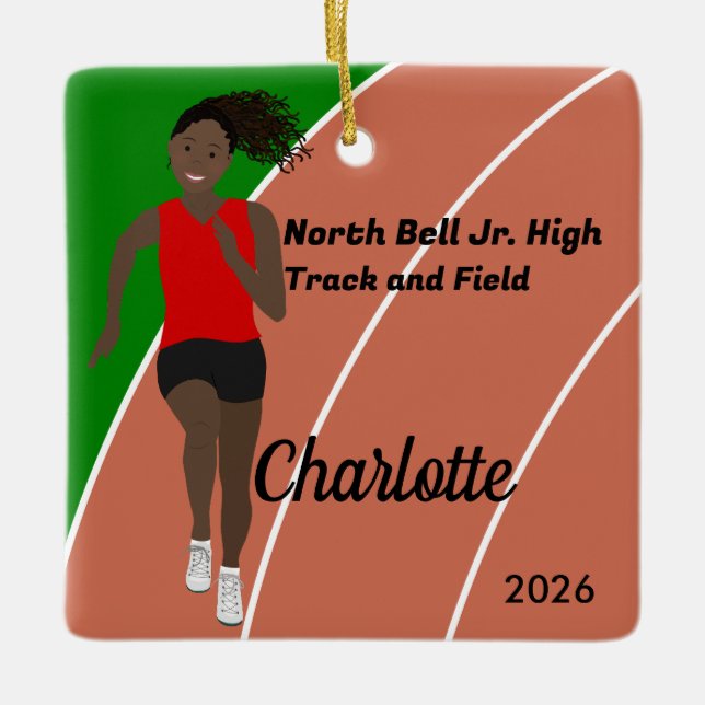 Black Hair Track and Field Girl in Red Black Ceramic Ornament (Front)