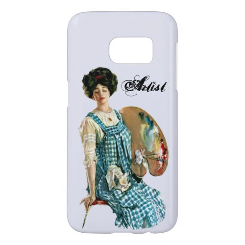 Black Haired Artist Lady in Plaid Smock Paints Samsung Galaxy S7 Case