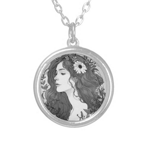 Black_Haired Beauty Necklace Pendant with Flower 