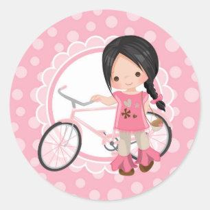 Black Haired Bicycle Girl - Pink White Classic Round Sticker