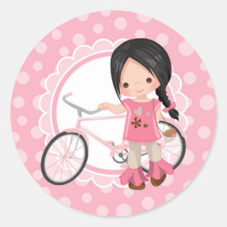 Black Haired Bicycle Girl - Pink White Classic Round Sticker