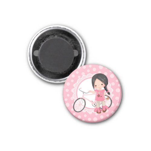 Black Haired Bicycle Girl _ Pink White Magnet