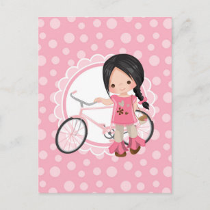 Black Haired Bicycle Girl - Pink White Postcard