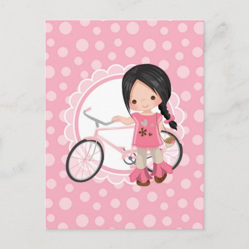 Black Haired Bicycle Girl _ Pink White Postcard