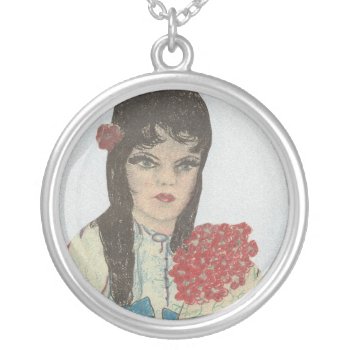 Black Haired Blue Eyed Girl Silver Plated Necklace by BlayzeInk at Zazzle