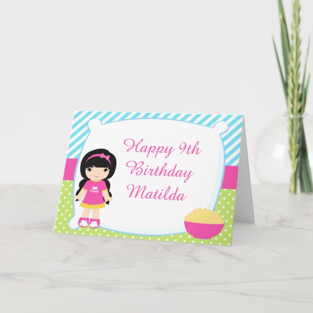 Black Haired Girl Sleepover Slumber Party Birthday Card (Front)