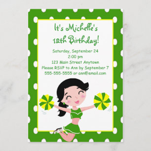 Black haired Green Yellow Cheerleader Invitations