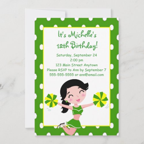 Black haired Green Yellow Cheerleader Invitations