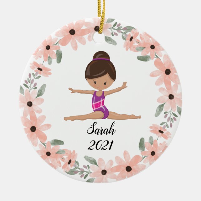 Black Haired Gymnast Girl Gymnastics Christmas Cer Ceramic Ornament (Front)