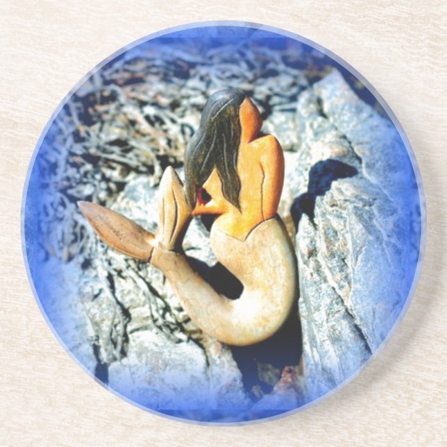 black-haired mermaid blue drink coaster (Front)