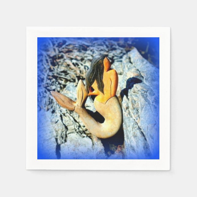 black-haired mermaid blue paper napkins (Front)