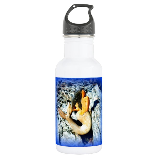 black-haired mermaid blue water bottle (Front)