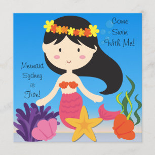 Black Haired Mermaid Custom Birthday Invitation