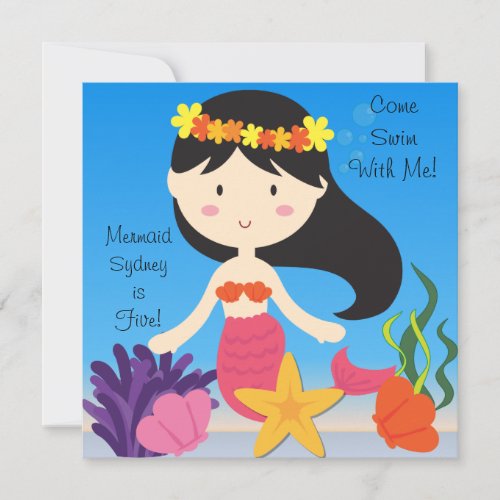 Black Haired  Mermaid Custom Birthday Invitation
