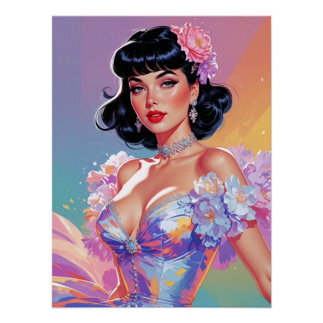 Black-Haired Pin-Up with Bangs Floral Elegance Poster (Front)