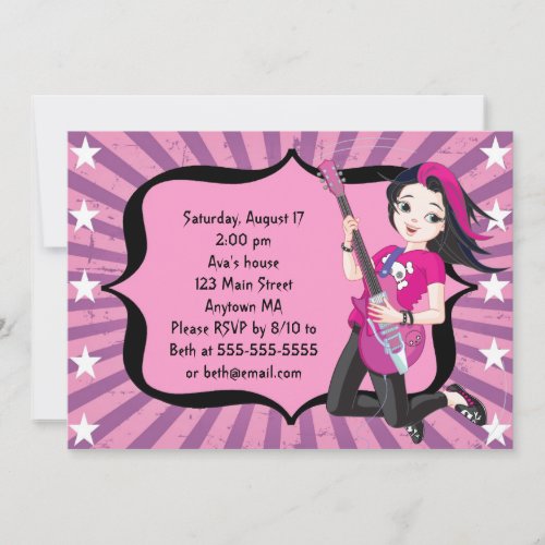 Black Haired Rock Star Girl Birthday Invitation