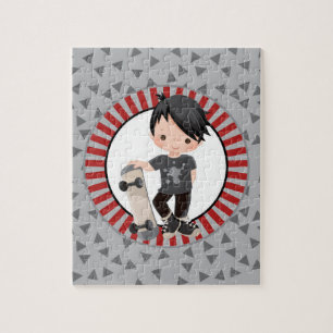 Black Haired Skateboard Boy - Gray Red Jigsaw Puzzle
