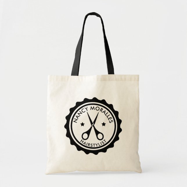 Black Hairstylist Scissors Badge Logo Design Tote Bag (Front)