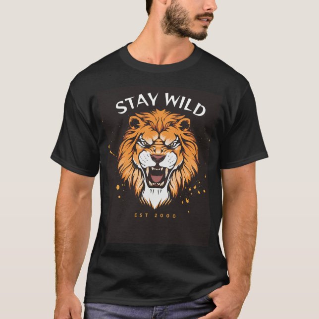 Black half sleeve T-shirt with lion design  (Front)